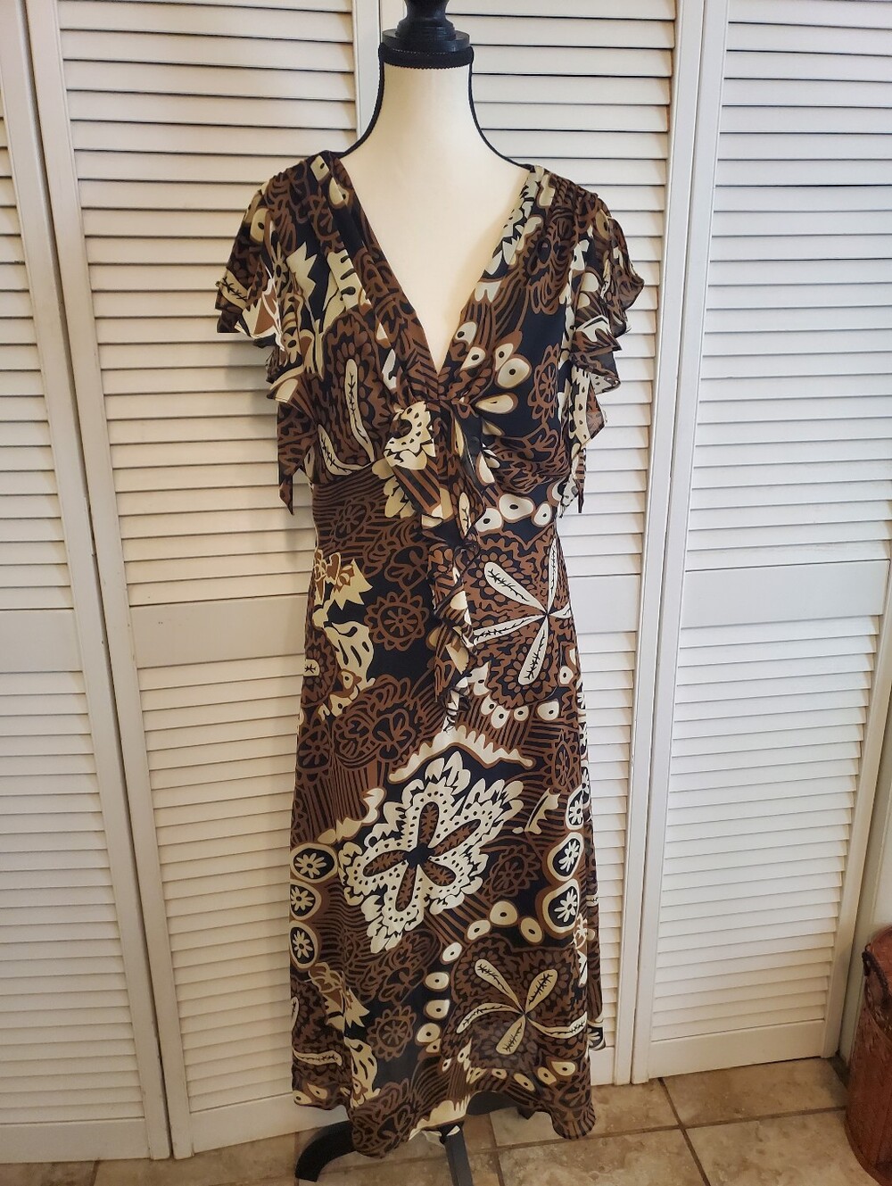Metaphor Vintage Y2K Brown Ruffle Floral Tribal Boho Maxi Dress, Size 16